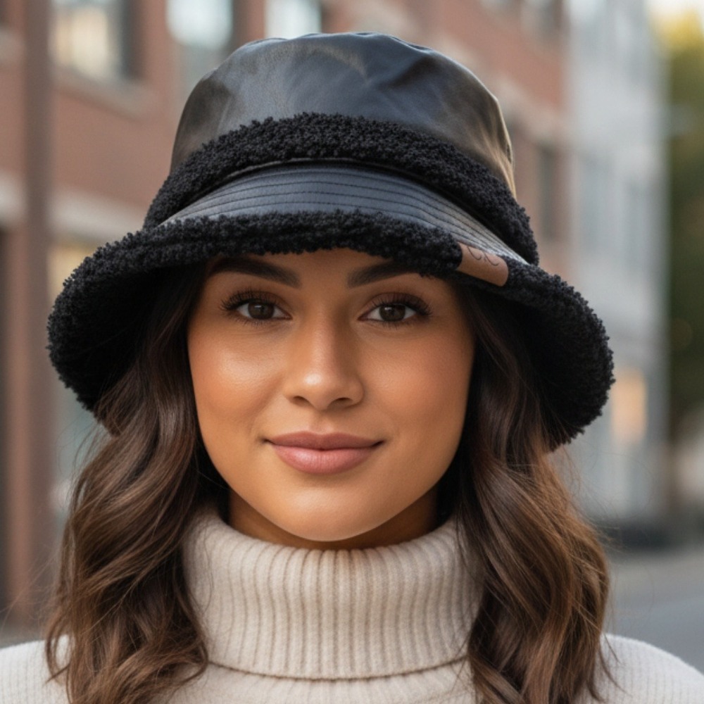 CC Beanie Womens Black Faux Leather Sherpa Trim Bucket Hat Winter NWT NWT